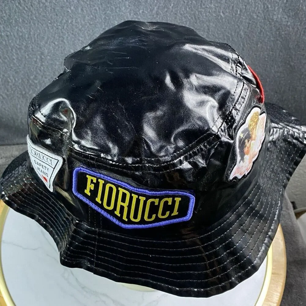 Fiorucci Black Vinyl Bucket Hat Multi Patch Angels Safety Jeans 90s Style Y2K